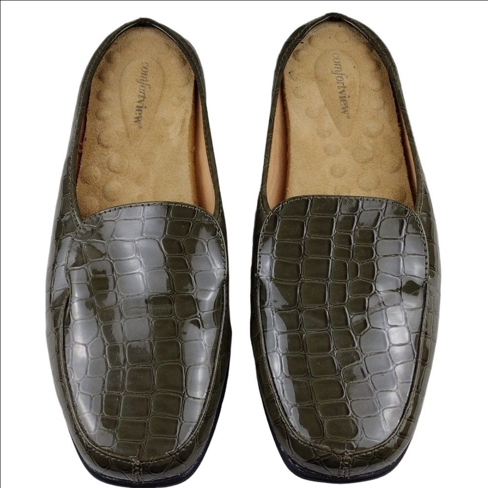 Comfortview The Estelle Grey Crocodile Texture Faux Leather Square Toe Mule Shoe